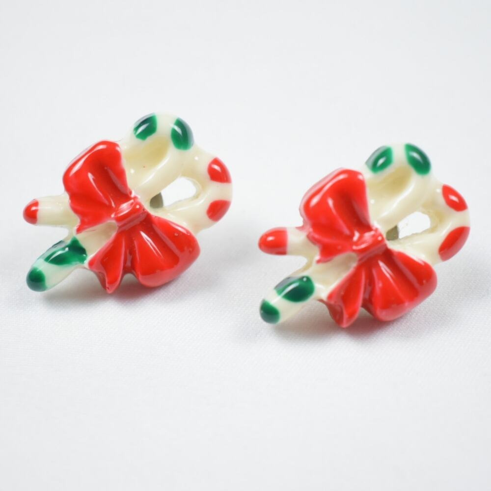 Vintage Christmas Candy Cane Earrings Retro Kitsch Holiday Bow Studs Acrylic